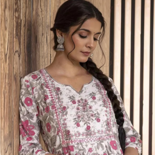Grey and Pink Floral Anarkali Kurta | Threads and Twirls