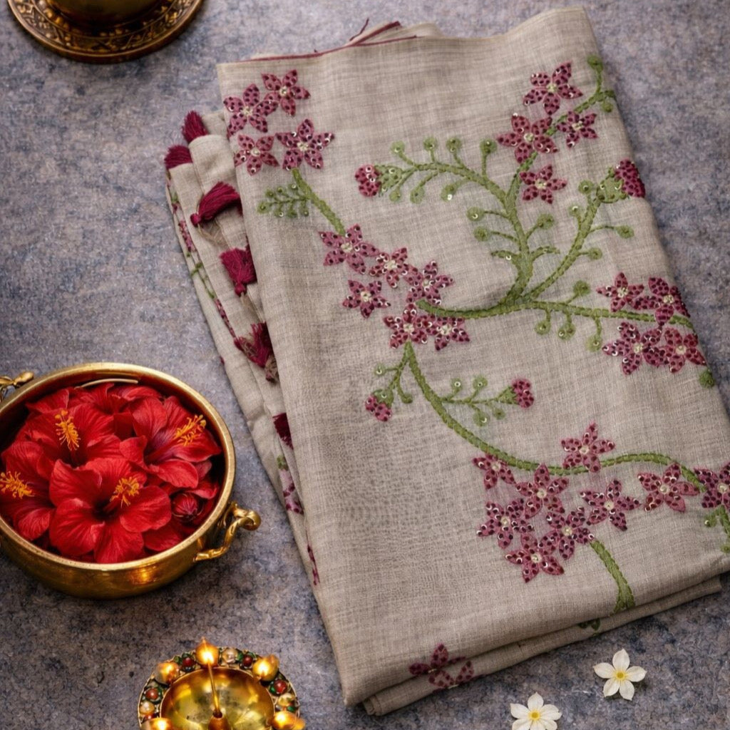 Cream Semi Tussar Silk Saree with Pink Handwoven Floral Kantha Work | Mriksha Sarees