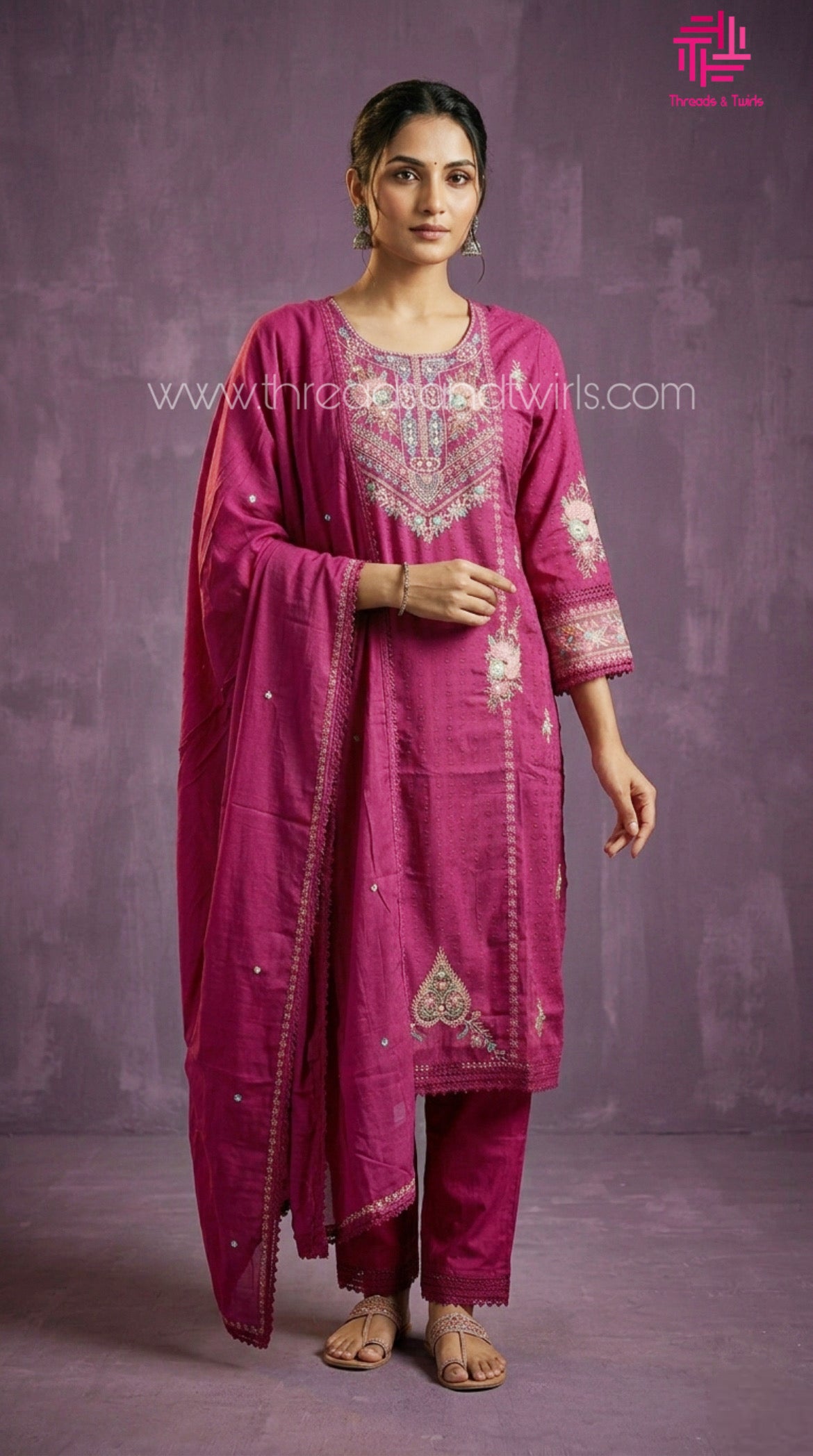 Magenta Pink Dobby Cotton Salwar Suit with Embroidery & Mul Cotton Dupatta – Festive Ethnic Wear