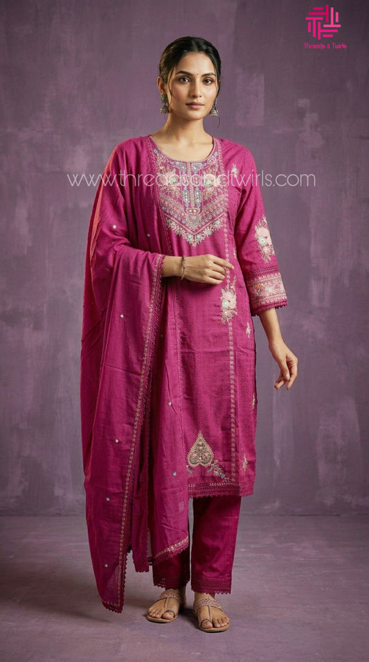 Magenta Pink Dobby Cotton Salwar Suit with Embroidery & Mul Cotton Dupatta – Festive Ethnic Wear