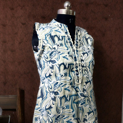 Elegant Blue and Cream Khadi Cotton Printed Kurta Pant Set with Dupatta | Threads & Twirls