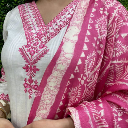 Lavanya - Flex Cotton Suit Set - White and Pink | Threads & Twirls