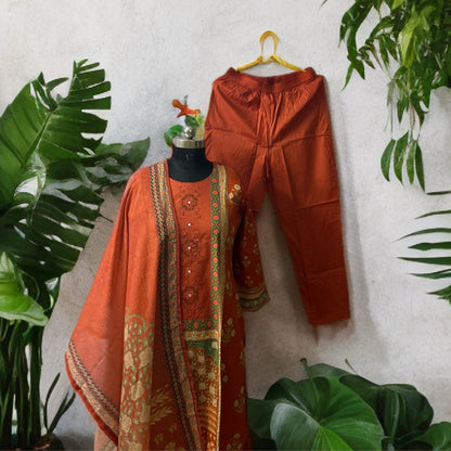Rust Orange Embroidered Cotton Kurta Pant Set with Printed Chiffon Dupatta – Traditional Festive Wear