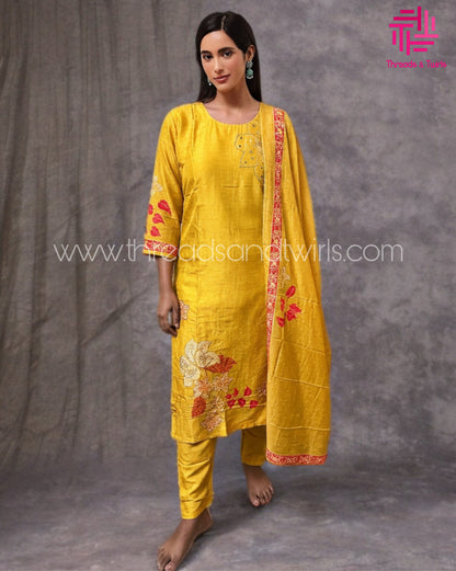 Yellow Muslin Salwar Suit with Printed Dupatta | Threads & Twirls