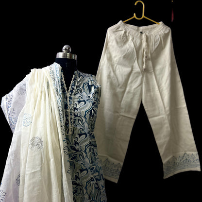 Elegant Blue and Cream Khadi Cotton Printed Kurta Pant Set with Dupatta | Threads & Twirls