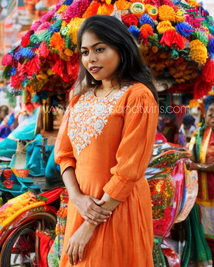 Orange Mul Chanderi Suit with Embroidered Yoke & Pintuck Sleeve Details | Threads & Twirls