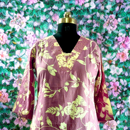 Mauve Floral Cotton Coord Set for Women – V-Neck Kurtha with Matching Pant | Office & Daily Wear
