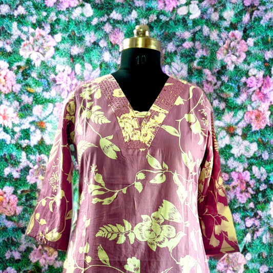 Mauve Floral Cotton Coord Set for Women – V-Neck Kurtha with Matching Pant | Office & Daily Wear