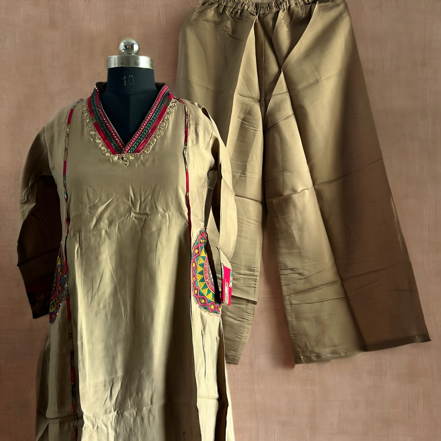Beige Salwar Suit with Red Floral Dupatta, Embroidered Dual Pockets & Palazzo Pant