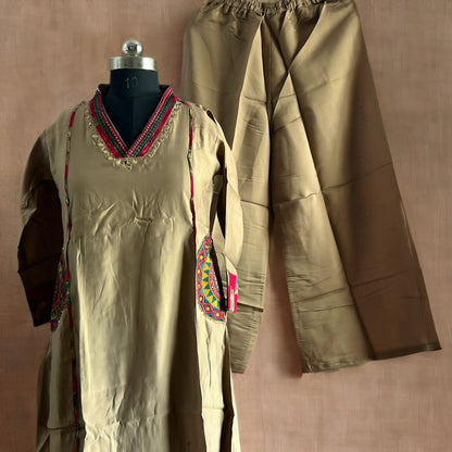 Beige Salwar Suit with Red Floral Dupatta, Embroidered Dual Pockets & Palazzo Pant