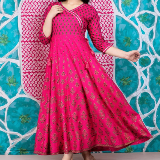 Pink Printed Rayon Anarkali Kurta with 3/4 Sleeves & Side Tassels – Elegant Ethnic Wear for Women | Threads & Twirls