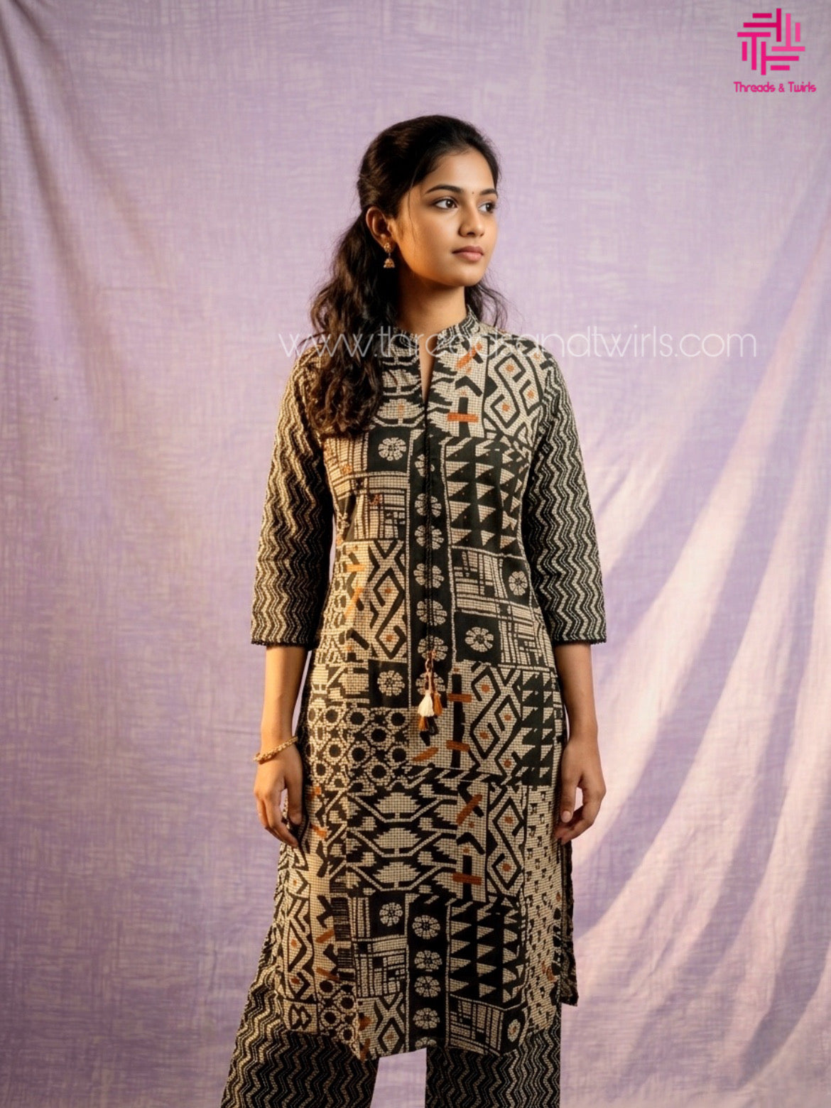 Black & Beige Geometric Printed Cotton Kurta Set with Straight Pants & Dupatta for Women