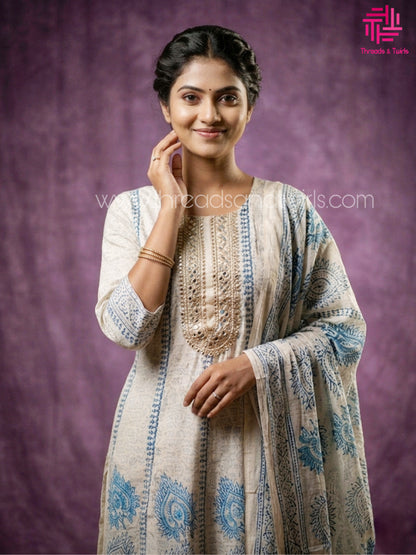 Ivory & Indigo Block Print Linen-Blend A-Line Princess Cut Salwar Suit Set | Threads & Twirls