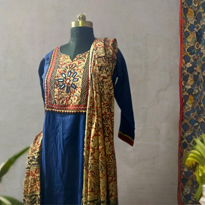 Navy Blue Straight Cut Suit with Kalamkari Neck Patch, Printed Pant & Dupatta