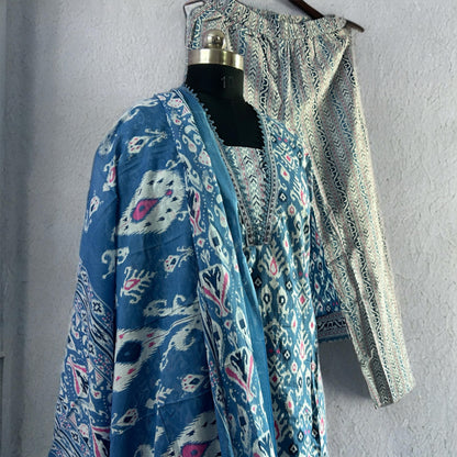 Blue Cotton Ikkat Kurta Set with Lace Detailing & Printed Dupatta | Threads & Twirls Exclusive