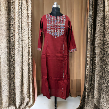 Rust Red & Printed Cotton Salwar Suit with Dupatta – Threads & Twirls