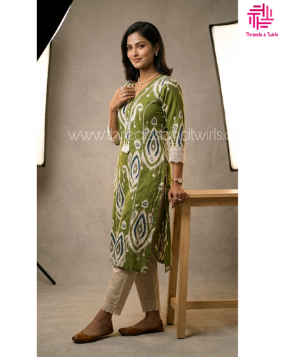 Olive Green Ikat Print Khadi Cotton Kurta Pant Set with Lace Detail