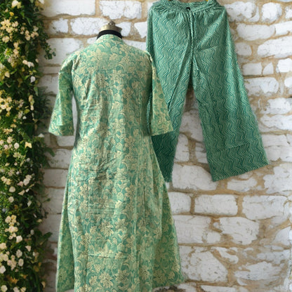 Green Cotton Kurtha Pant Set for Women – A-Line Princess Cut | Ethnic Casual Wear