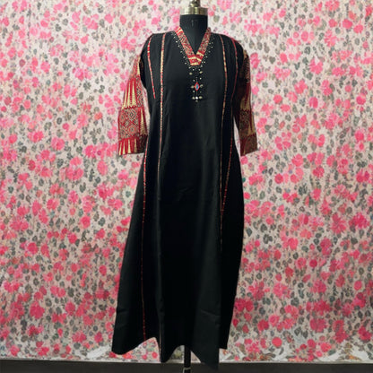 Black & Red Cotton Salwar Suit with Mirror Work – Threads & Twirls
