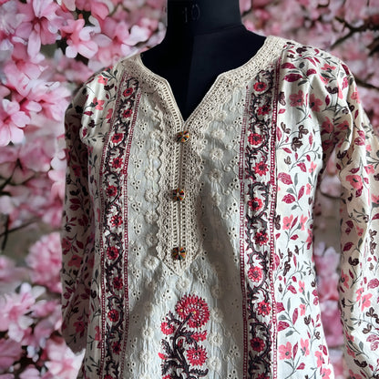 Elegant White Floral Cotton Salwar Suit with Hakoba Detailing – Dupatta & Pant Set | Threads & Twirls