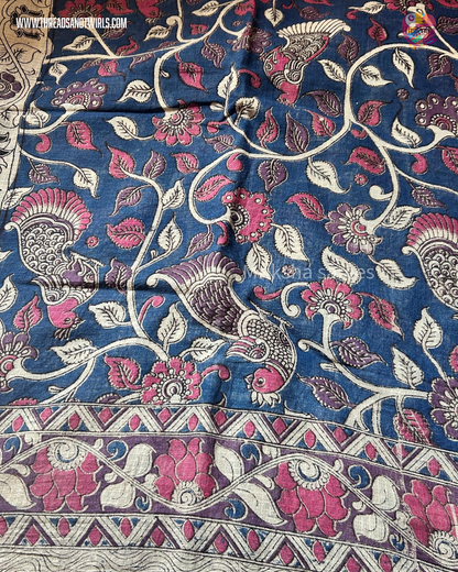 Kota Kalamkari Saree in Blue with Peacock Pallu & Contrast Beige Floral Blouse | Mriksha Sarees