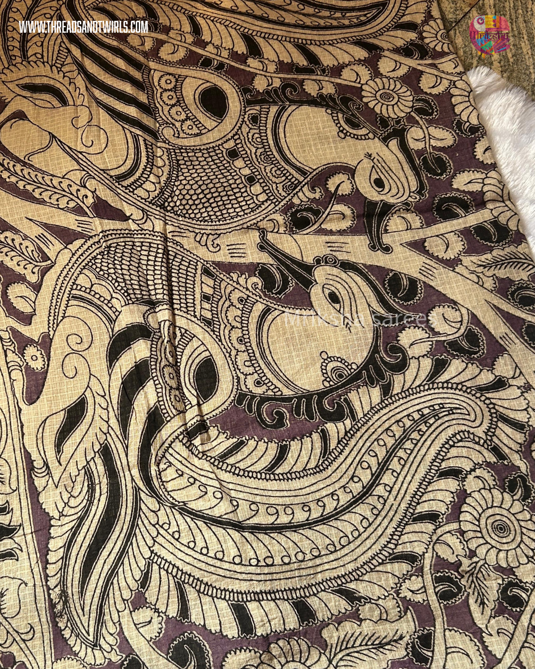 Kota Kalamkari Saree in Blue with Peacock Pallu & Contrast Beige Floral Blouse | Mriksha Sarees