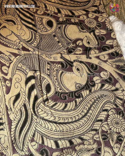 Kota Kalamkari Saree in Blue with Peacock Pallu & Contrast Beige Floral Blouse | Mriksha Sarees