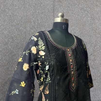 Black Floral Printed Linen Cotton Kurta Pant Set with Embroidered Yoke & Printed Dupatta – Elegant Festive Wear