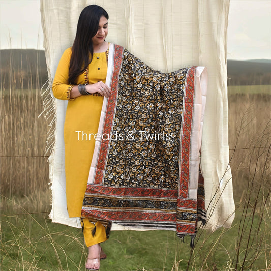 Divya - Printed Dupatta Suit Set - Yellow and Black | Threads & Twirls