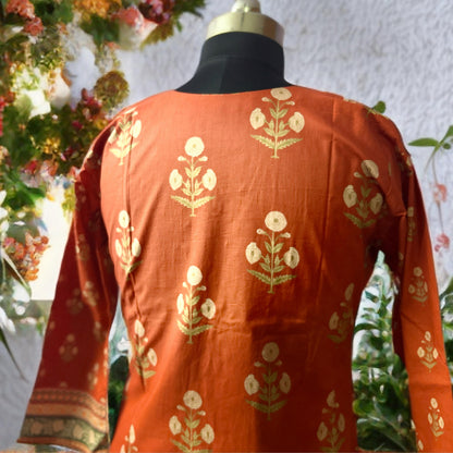 Rust Orange Embroidered Cotton Kurta Pant Set with Printed Chiffon Dupatta – Traditional Festive Wear