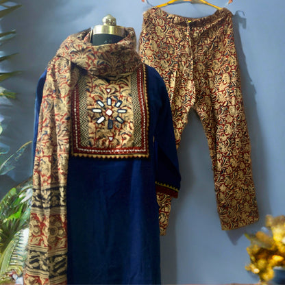 Navy Blue Straight Cut Suit with Kalamkari Neck Patch, Printed Pant & Dupatta