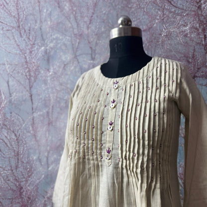 Khadi Cotton Kurta Pant Set with Pintuck Yoke & Floral Block Print – Handcrafted Elegance