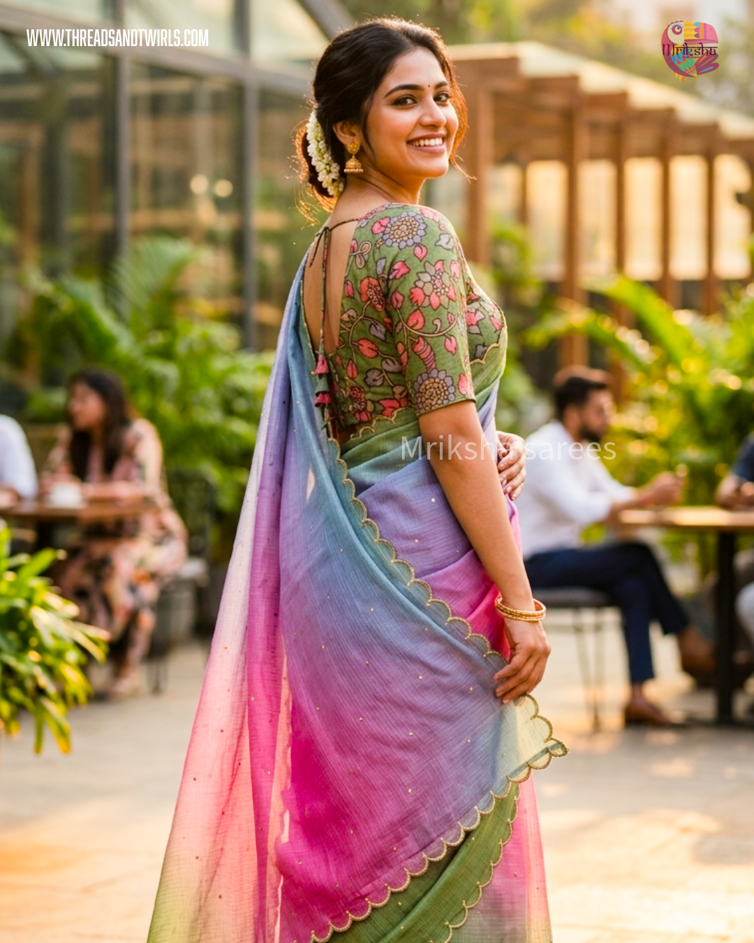 Kota Doria Ombre Saree with Mirror Work & Floral Printed Blouse – Mriksha Sarees