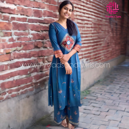 Teal Blue A-Line Rayon Kurta Set with Kalamkari Patchwork, Mirror & Block Print Detailing