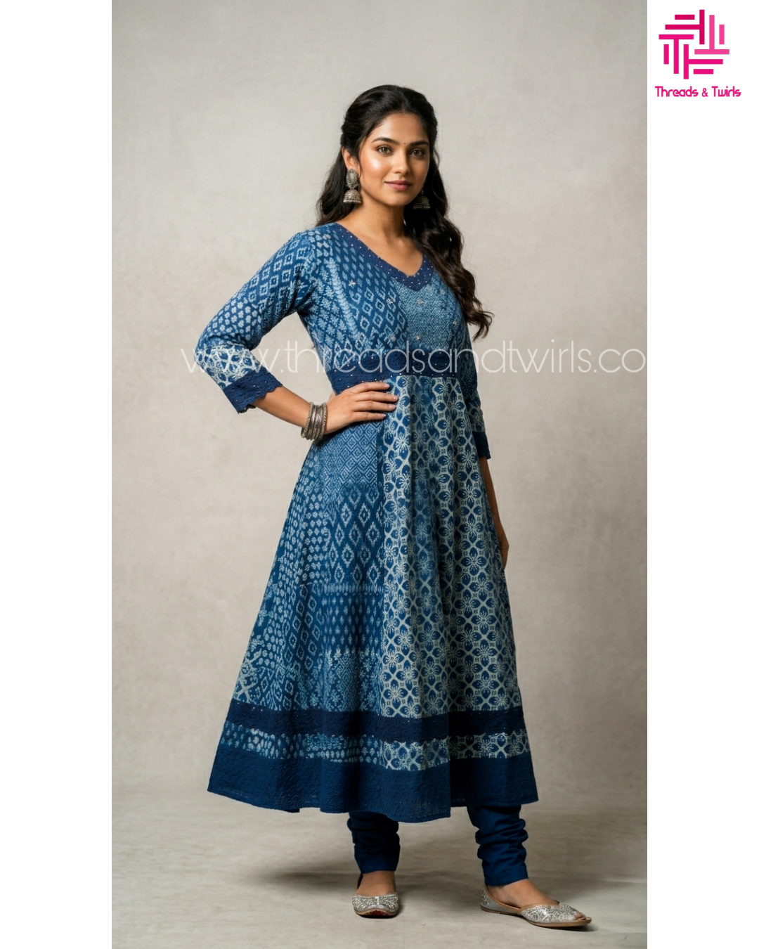 Indigo Blue and White Printed Anarkali Kurta with Solid Pant – Elegant Cotton Blend Set for Festive and Daily Wear
