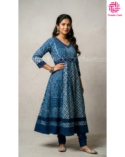 Indigo Blue and White Printed Anarkali Kurta with Solid Pant – Elegant Cotton Blend Set for Festive and Daily Wear