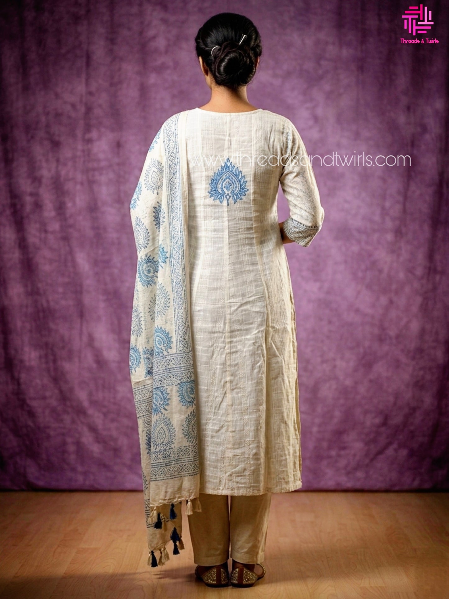 Ivory & Indigo Block Print Linen-Blend A-Line Princess Cut Salwar Suit Set | Threads & Twirls