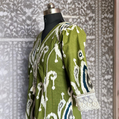 Olive Green Ikat Print Khadi Cotton Kurta Pant Set with Lace Detail