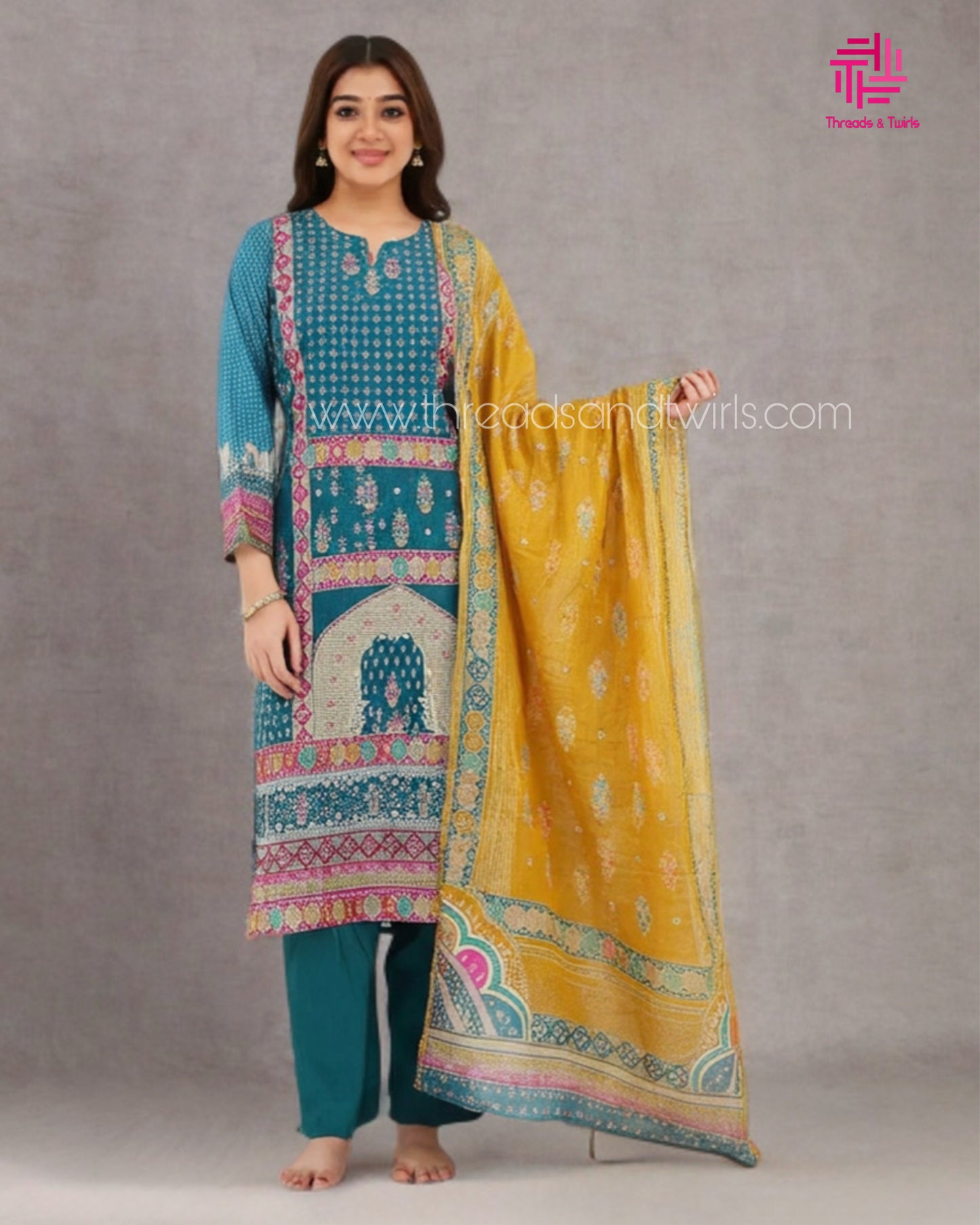 Peacock Blue Chinon Salwar Suit with Mughal Prints, Plain Pant & Golden Dupatta | Threads & Twirls