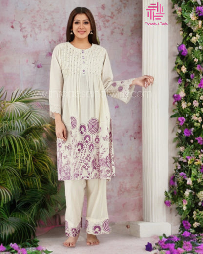 Khadi Cotton Kurta Pant Set with Pintuck Yoke & Floral Block Print – Handcrafted Elegance