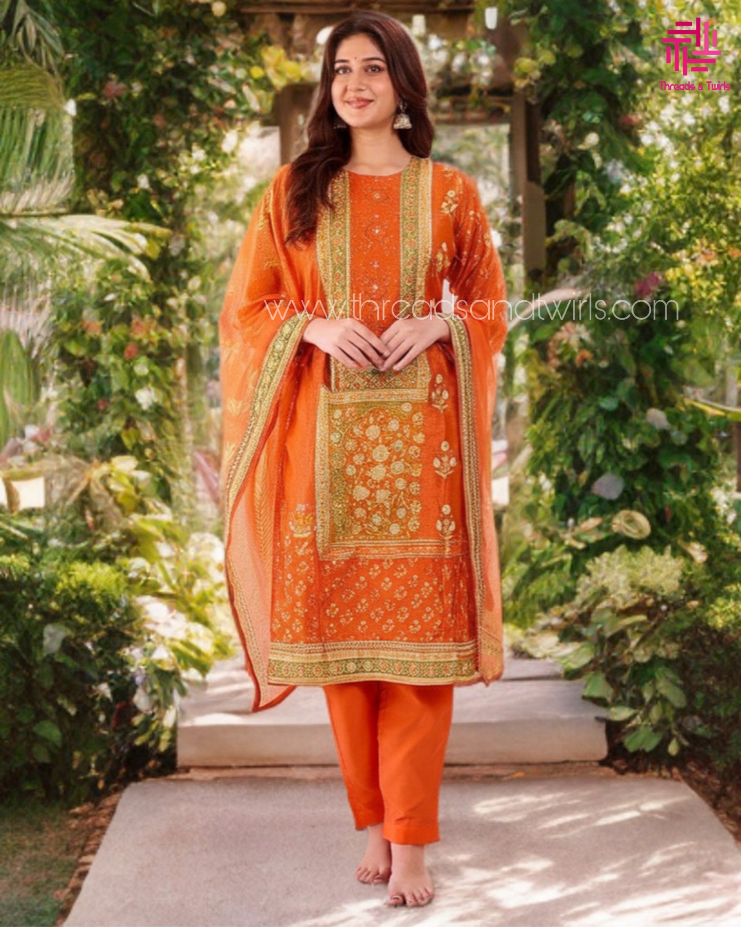 Rust Orange Embroidered Cotton Kurta Pant Set with Printed Chiffon Dupatta – Traditional Festive Wear