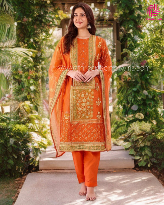 Rust Orange Embroidered Cotton Kurta Pant Set with Printed Chiffon Dupatta – Traditional Festive Wear