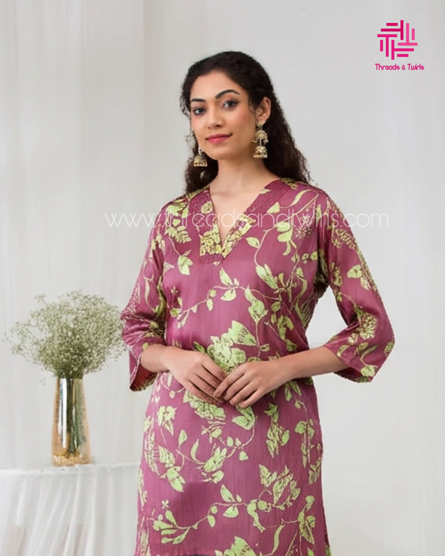 Mauve Floral Cotton Coord Set for Women – V-Neck Kurtha with Matching Pant | Office & Daily Wear