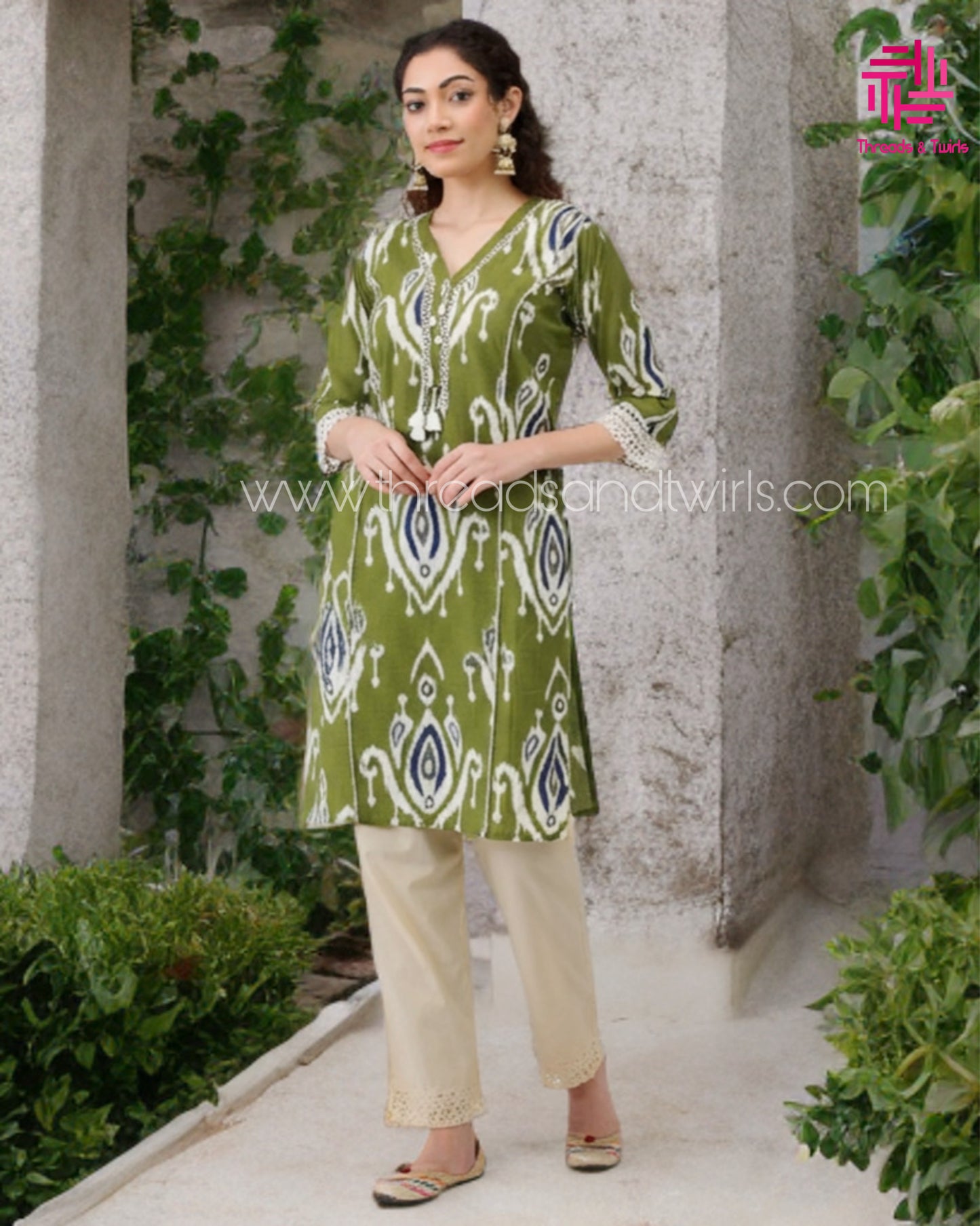 Olive Green Ikat Print Khadi Cotton Kurta Pant Set with Lace Detail
