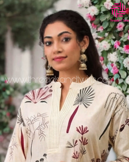 Cream Printed Cotton Coord Set with Stand Collar | Threads & Twirls