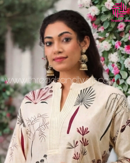 Cream Printed Cotton Coord Set with Stand Collar | Threads & Twirls