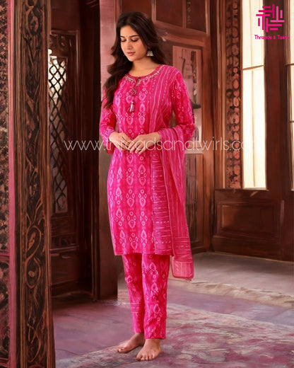 Pink Ikat Print Kurta Pant Set – Festive Cotton Ethnic Wear with Dupatta