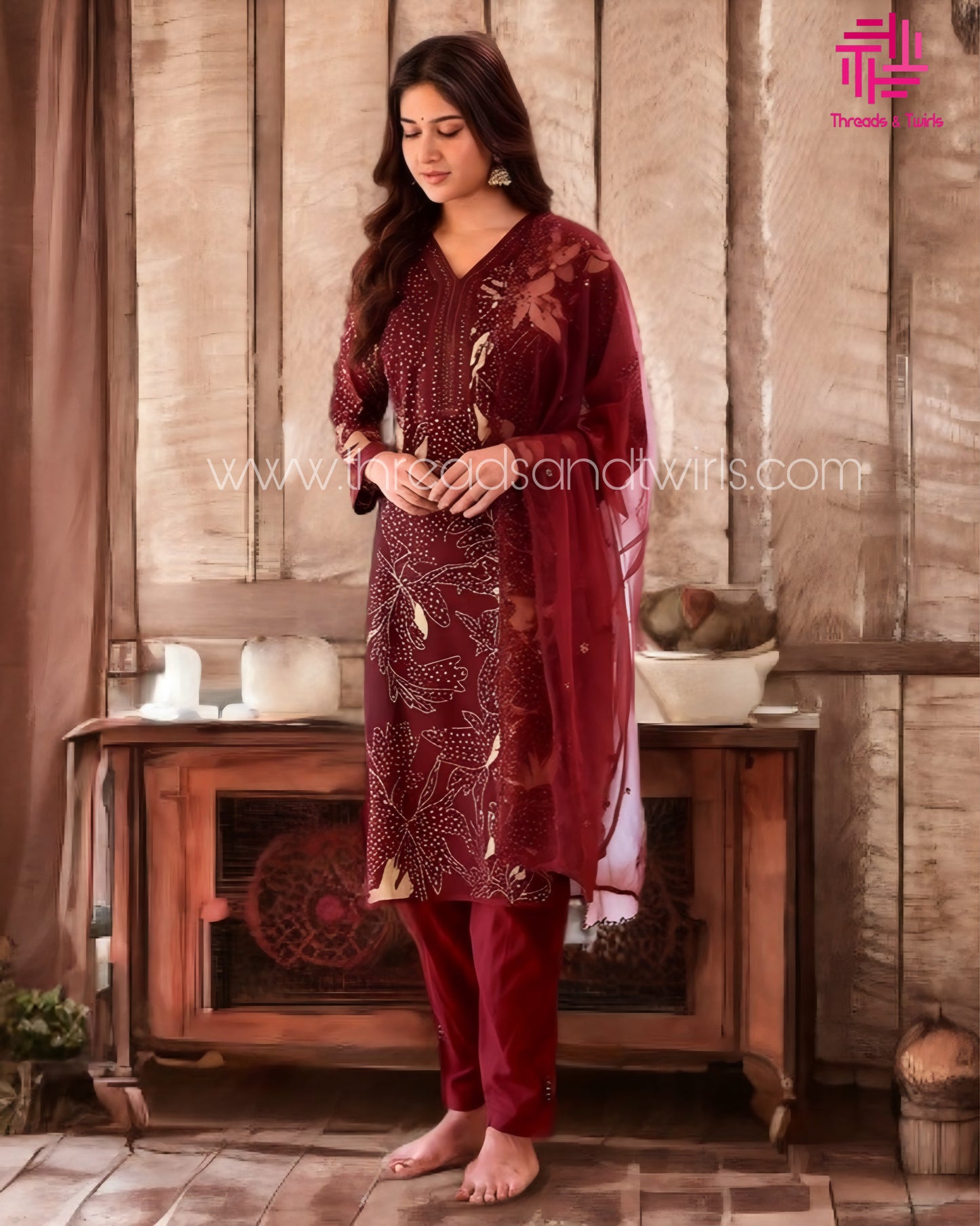 Maroon Beige Printed Cotton Kurta Pant Set with Embellished Yoke and Net Dupatta – Elegant Ethnic Wear