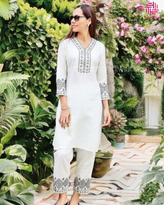 Pure White Cotton Coord Set with Black Tribal Embroidery