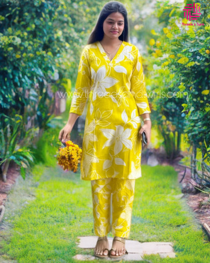 Sunshine Yellow Cotton Coord Set with Bold White Floral Prints – Comfortable & Stylish Daywear